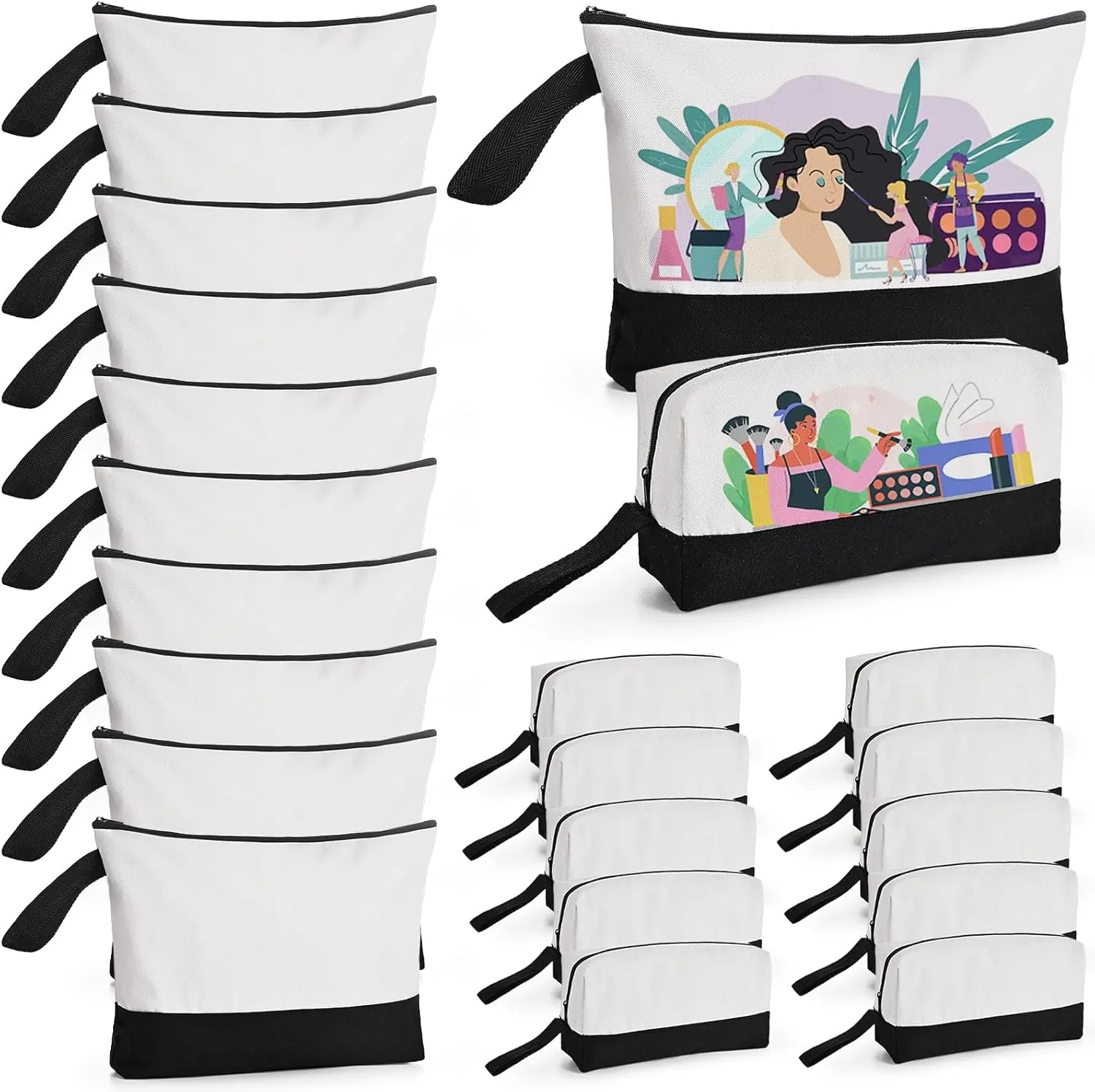 20 Pcs Canvas Makeup Bag with Bottom, Cotton Cosmetic Bag Set Bulk Multi-Purpose DIY Heat Transfer Makeup Bags with Black Zipper for Bridesmaid Makeup Bag Travel Toiletry Pouch Storage (White&Black）
