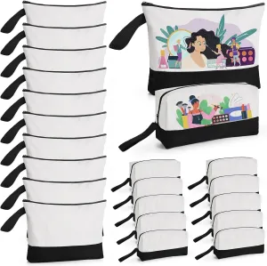 20 Pcs Canvas Makeup Bag with Bottom, Cotton Cosmetic Bag Set Bulk Multi-Purpose DIY Heat Transfer Makeup Bags with Black Zipper for Bridesmaid Makeup Bag Travel Toiletry Pouch Storage (White&Black）