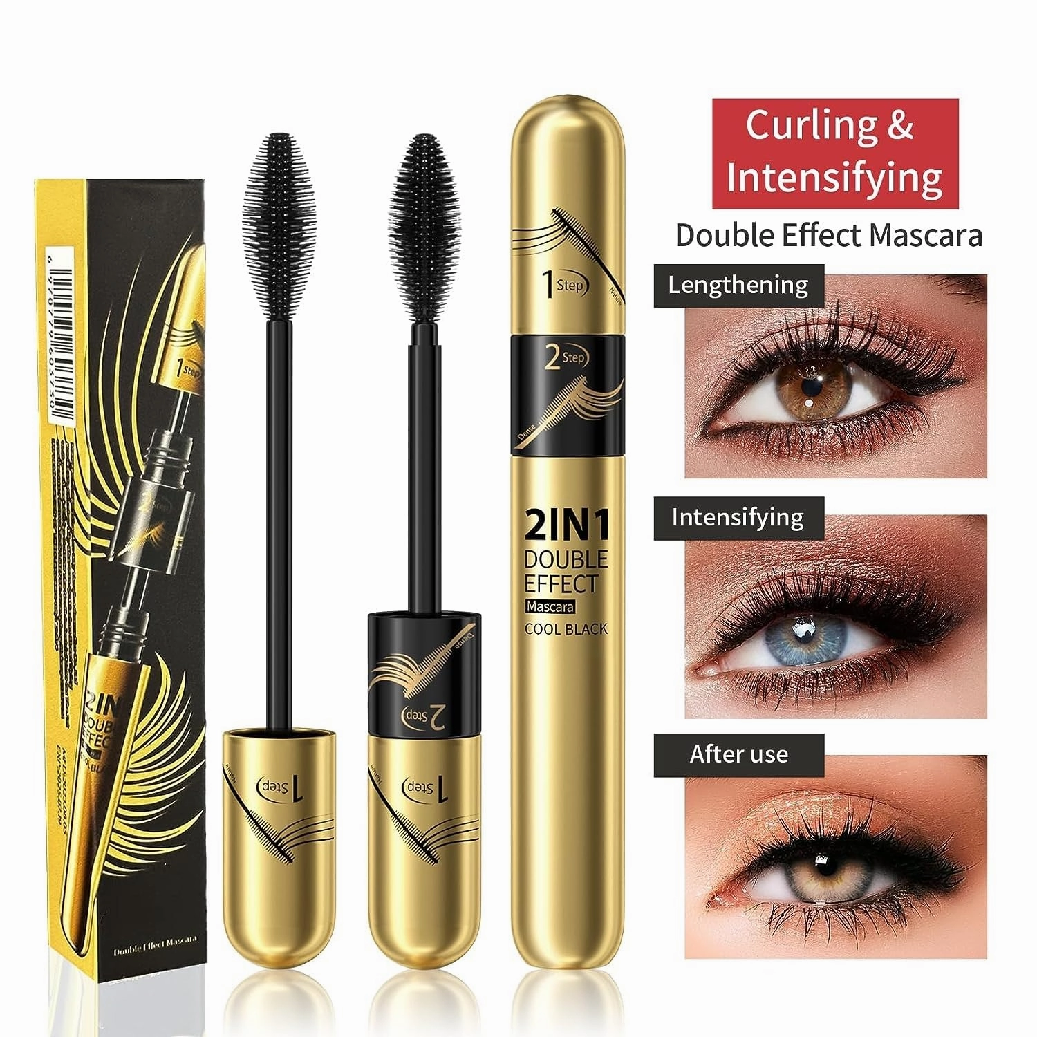 2 in 1 Double Black 4D tubing Mascara Volume and Length， Silk Fiber Lash Liquid Extension 5X Longer, Smudge Proof Waterproof and Sweat Resistant Fuller Mascara (Gold & Green)