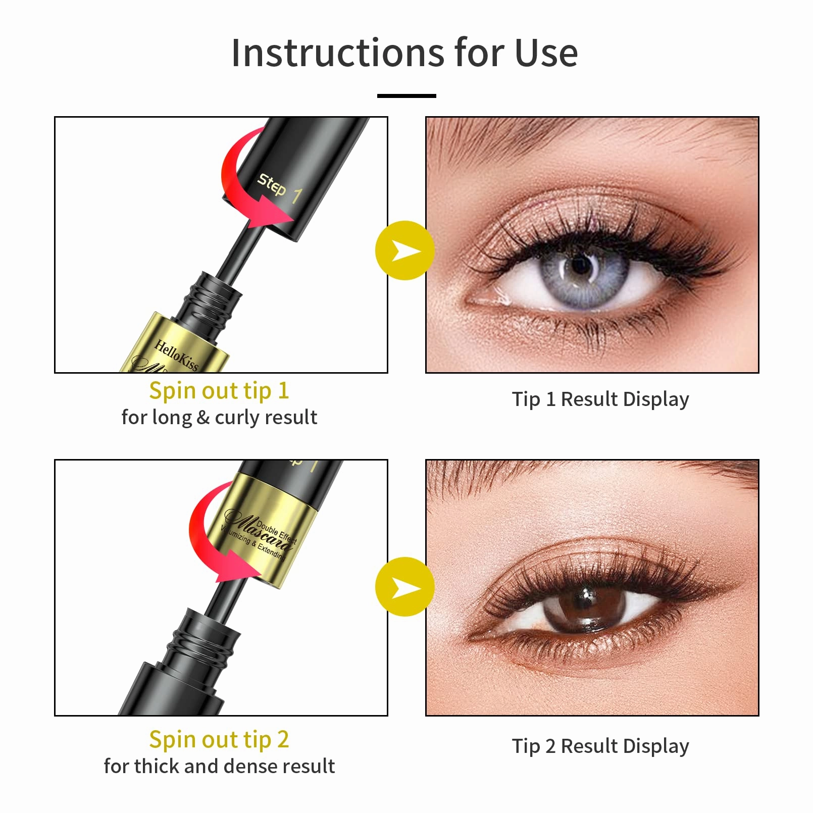 2 in 1 Double Black 4D tubing Mascara Volume and Length， Silk Fiber Lash Liquid Extension 5X Longer, Smudge Proof Waterproof and Sweat Resistant Fuller Mascara (Gold & Green)