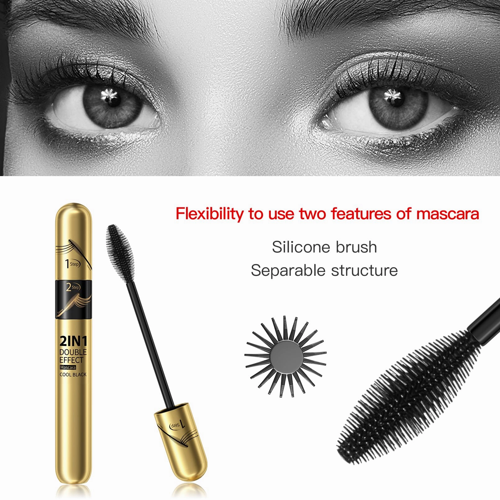 2 in 1 Double Black 4D tubing Mascara Volume and Length， Silk Fiber Lash Liquid Extension 5X Longer, Smudge Proof Waterproof and Sweat Resistant Fuller Mascara (Gold & Green)