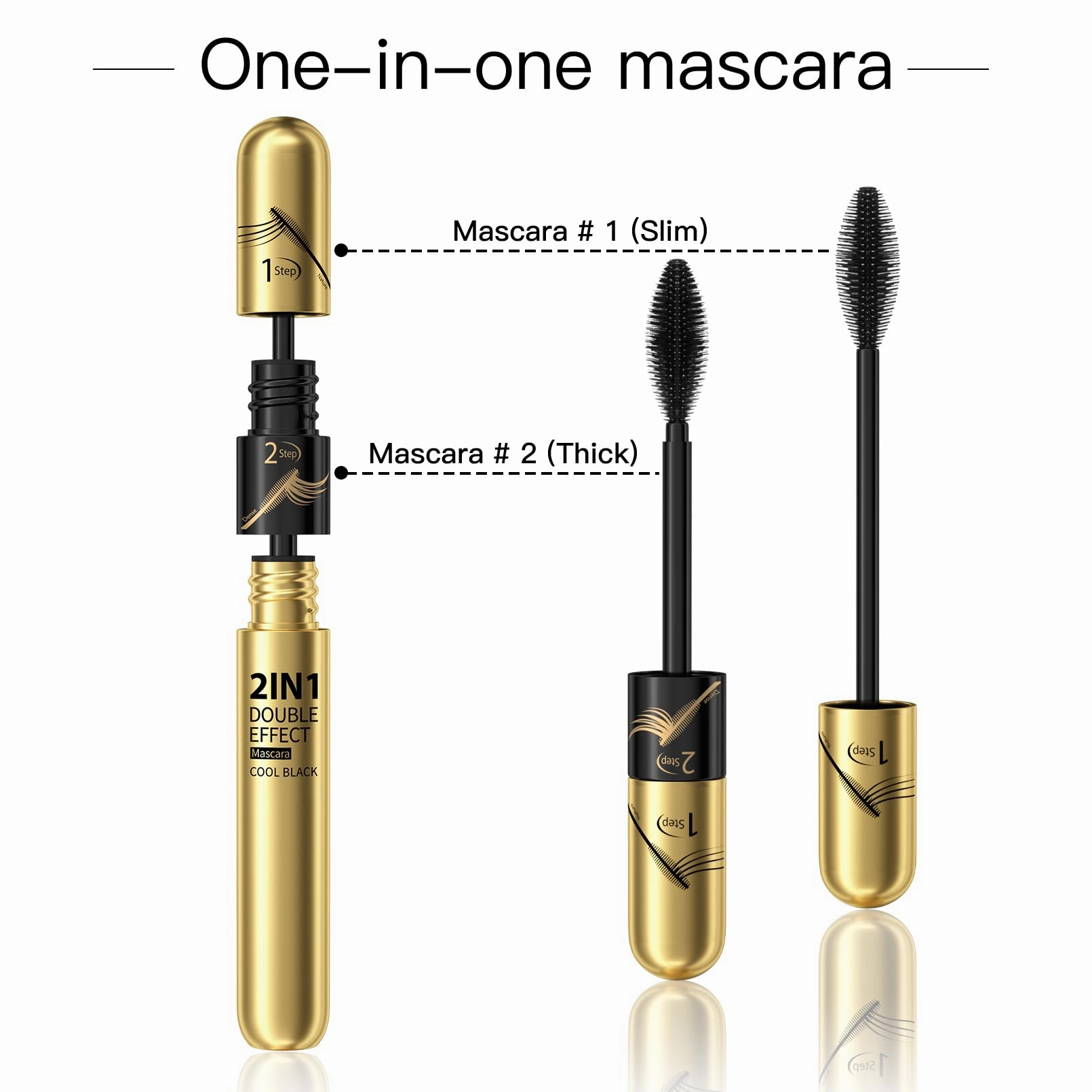 2 in 1 Double Black 4D tubing Mascara Volume and Length， Silk Fiber Lash Liquid Extension 5X Longer, Smudge Proof Waterproof and Sweat Resistant Fuller Mascara (Gold & Green)