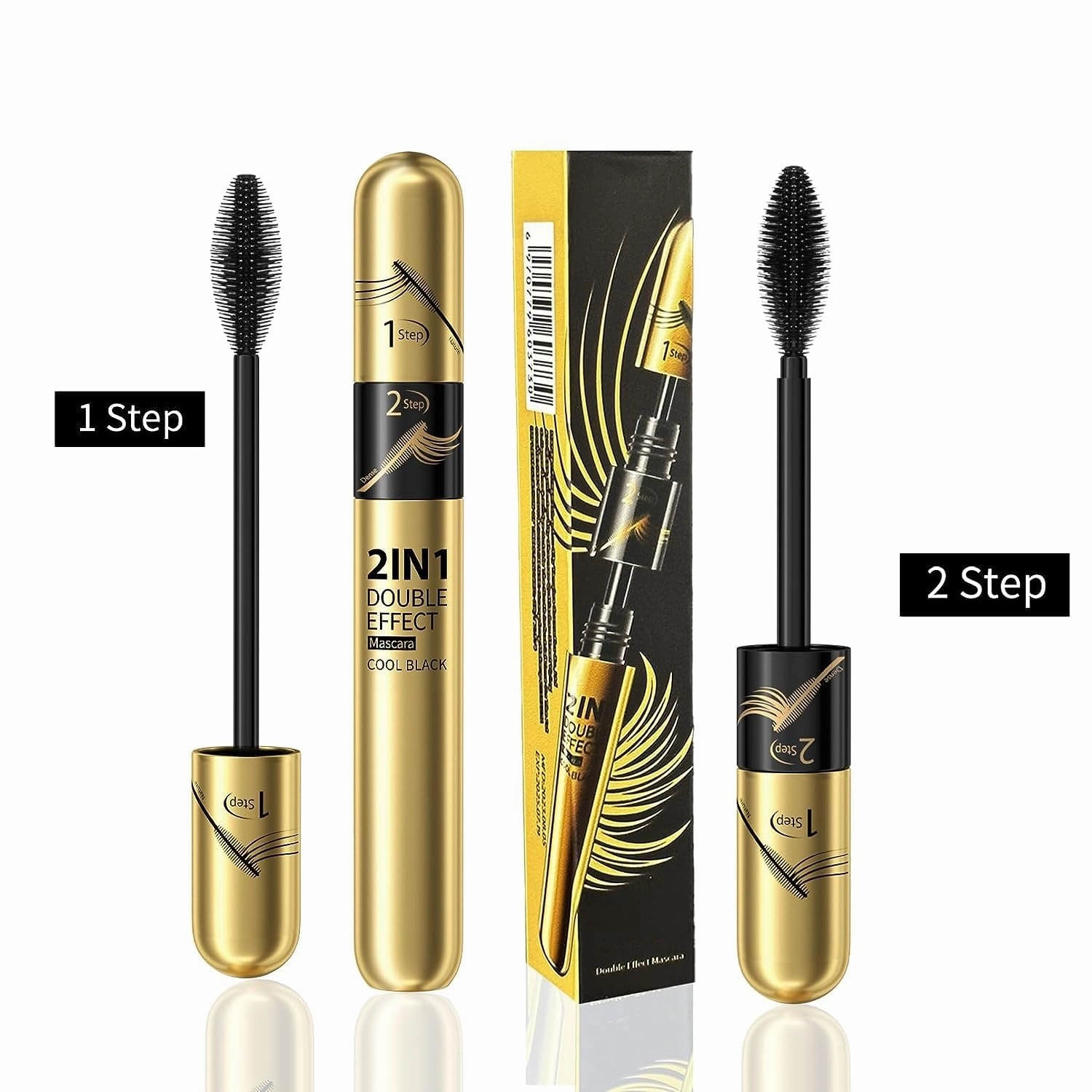 2 in 1 Double Black 4D tubing Mascara Volume and Length， Silk Fiber Lash Liquid Extension 5X Longer, Smudge Proof Waterproof and Sweat Resistant Fuller Mascara (Gold & Green)