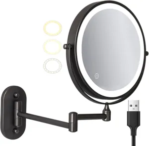 8 Inch Dimmable Wall Mounted Makeup Mirror with 3 Color LED, Black Double Side Rotation Cosmetic Mirror, Rechargeable Magnification HD Shaving Mirror, Adjustable Vanity Mirror for Hotel,A,7X (B 10X)