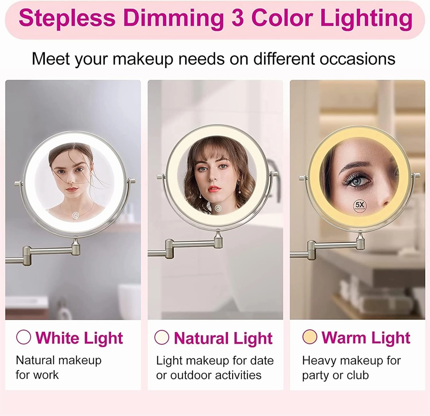 8 Inch Wall Mounted Lighted Makeup Vanity Mirror with 3 Color Lights Dimmable, Black Double Sided Swivel Magnifying LED Cosmetic Mirror, Bathroom Round Shaving Mirror,Hard Wired,7X (Plug in 5X)
