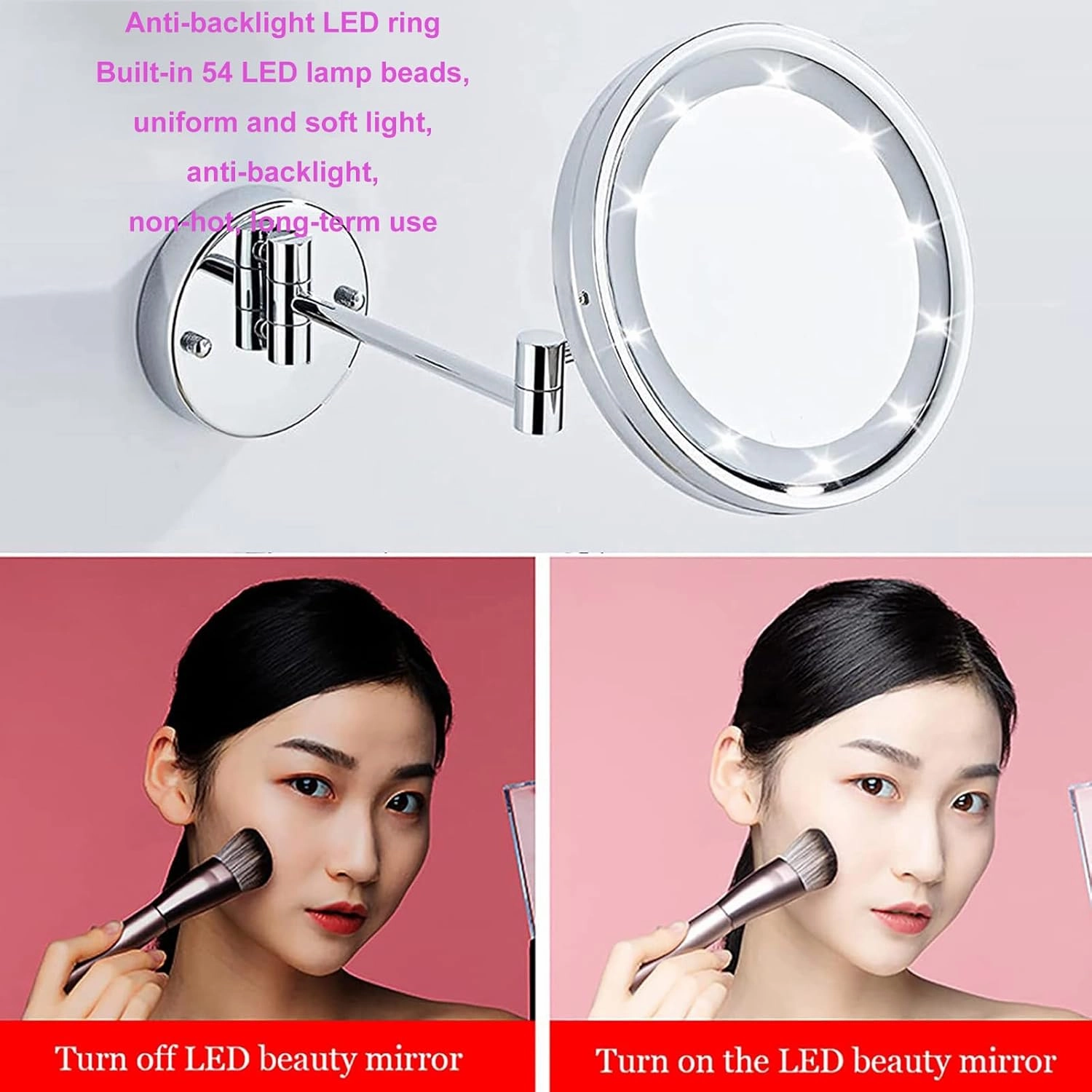 8 Inch Wall Mounted Lighted Makeup Vanity Mirror with 3 Color Lights Dimmable, Black Double Sided Swivel Magnifying LED Cosmetic Mirror, Bathroom Round Shaving Mirror,Hard Wired,7X (Plug in 5X)