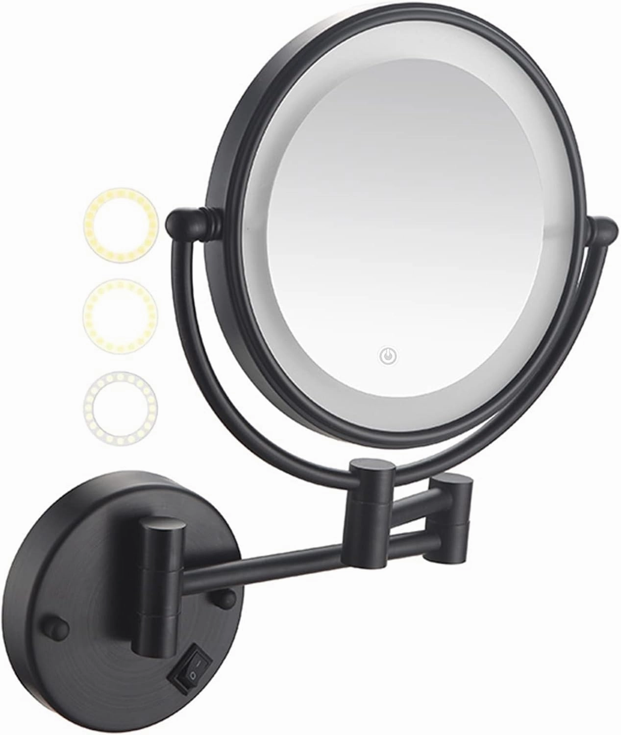 8 Inch Wall Mounted Lighted Makeup Vanity Mirror with 3 Color Lights Dimmable, Black Double Sided Swivel Magnifying LED Cosmetic Mirror, Bathroom Round Shaving Mirror,Hard Wired,7X (Plug in 5X)
