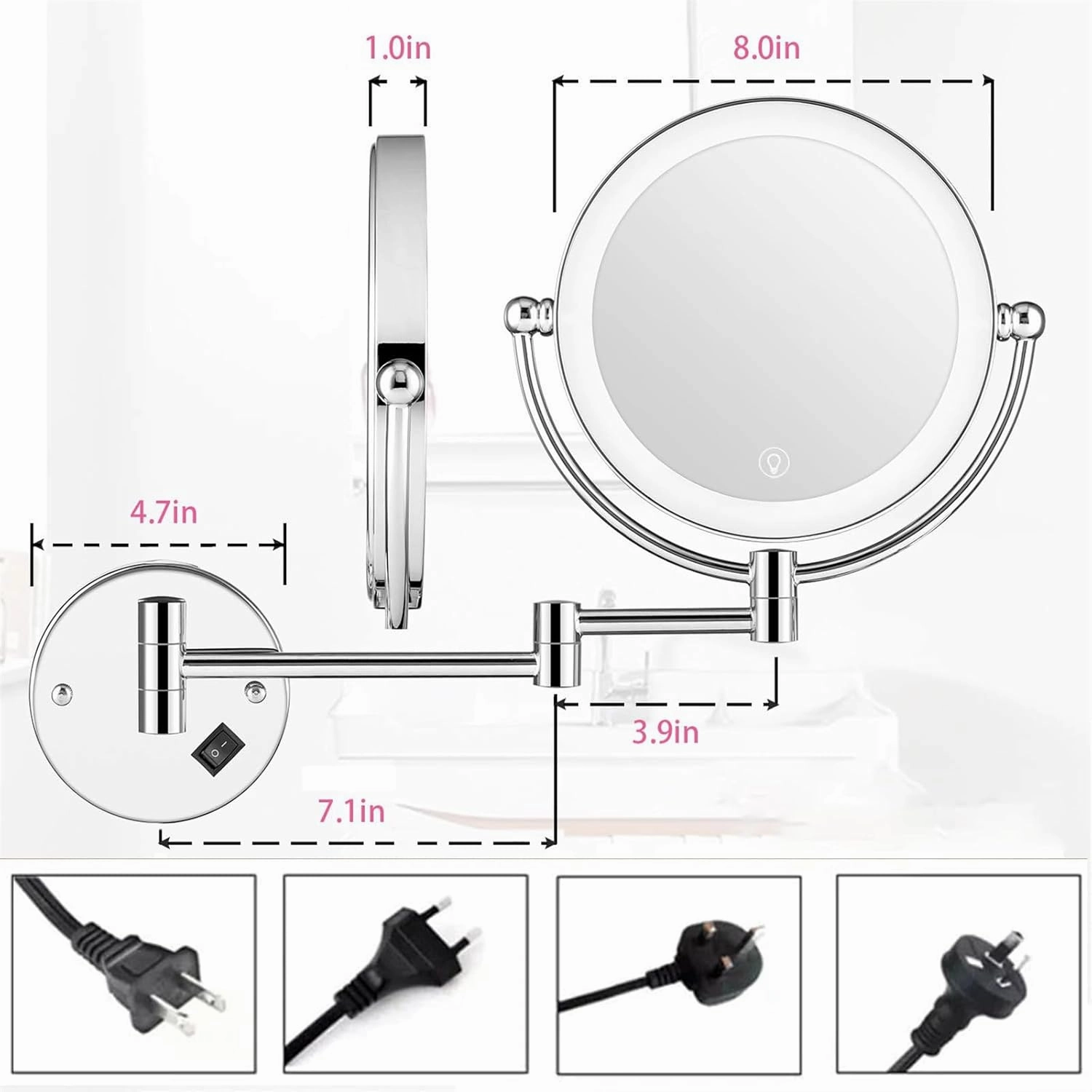 8 Inch Wall Mounted Lighted Makeup Vanity Mirror with 3 Color Lights Dimmable, Black Double Sided Swivel Magnifying LED Cosmetic Mirror, Bathroom Round Shaving Mirror,Hard Wired,7X (Plug in 5X)