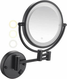 8 Inch Wall Mounted Lighted Makeup Vanity Mirror with 3 Color Lights Dimmable, Black Double Sided Swivel Magnifying LED Cosmetic Mirror, Bathroom Round Shaving Mirror,Hard Wired,7X (Plug in 5X)