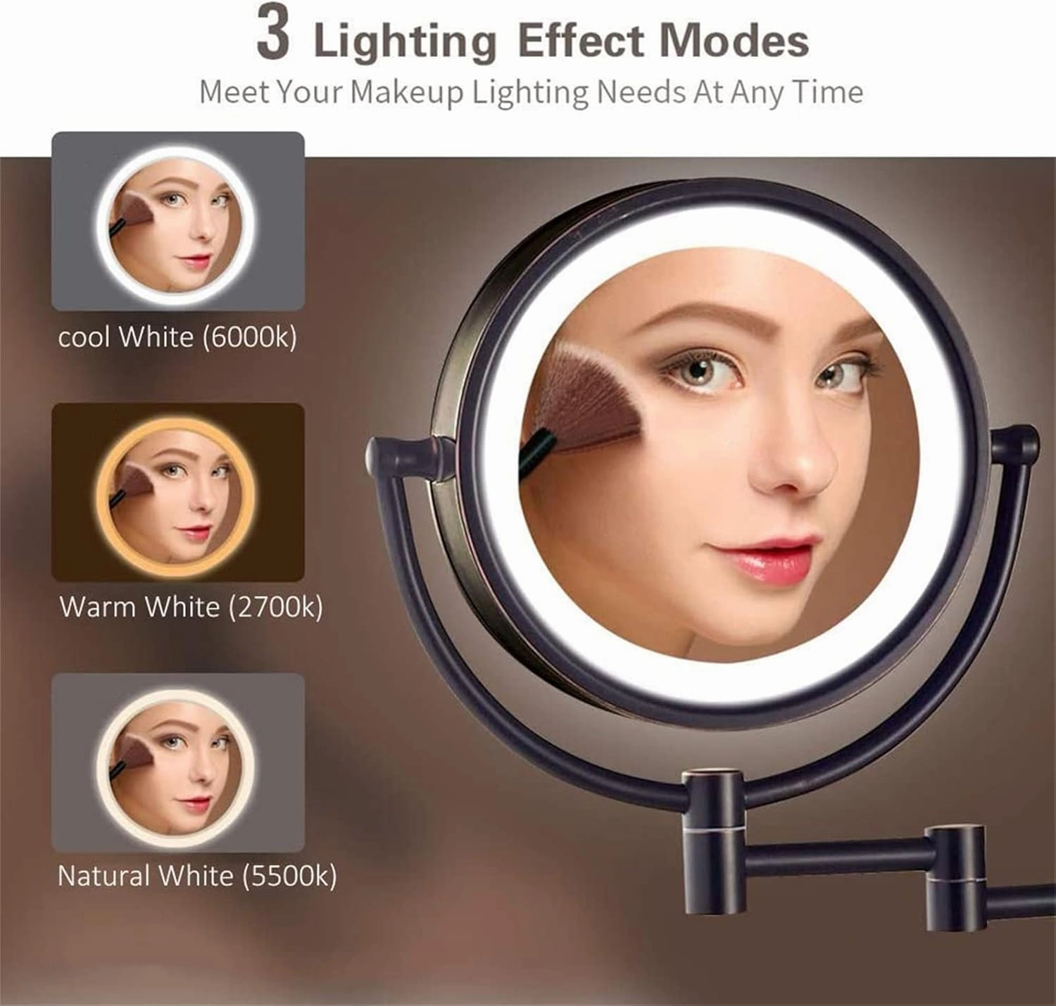 8 Inch Wall Mounted Lighted Makeup Vanity Mirror with 3 Color Lights Dimmable, Black Double Sided Swivel Magnifying LED Cosmetic Mirror, Bathroom Round Shaving Mirror,Hard Wired,7X (Plug in 5X)