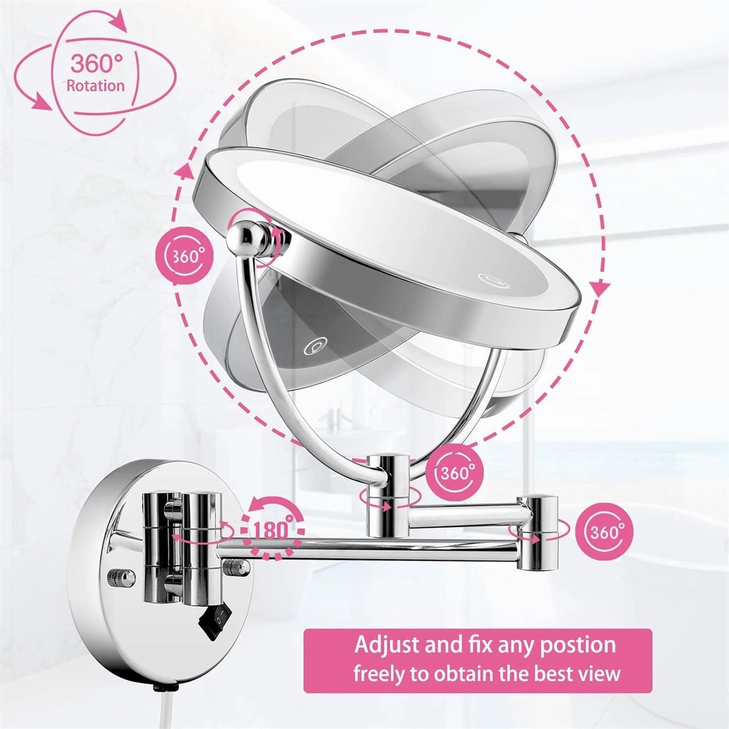 8 Inch Wall Mounted Lighted Makeup Vanity Mirror with 3 Color Lights Dimmable, Black Double Sided Swivel Magnifying LED Cosmetic Mirror, Bathroom Round Shaving Mirror,Hard Wired,7X (Plug in 5X)