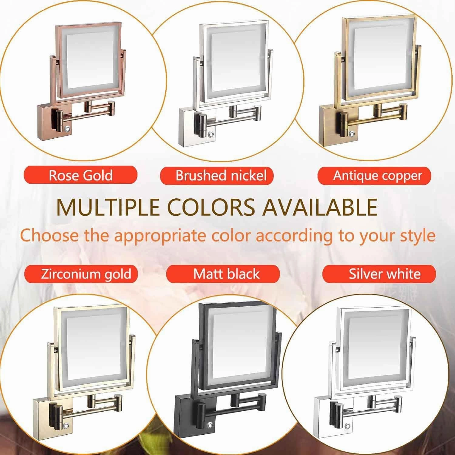 8 Inch Wall-Mounted Square LED Lighted Makeup Vanity Mirror with Base Touch Dimmable, Dual-Sided HD 1X/3X Magnifying Shaving Mirror, 360° SwivelZirconium,USB
