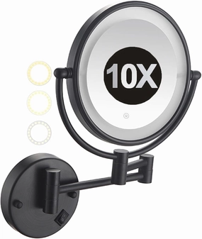 8" LED Lighted Makeup Mirror with 3 Color Lights Stepless Dimming, Black Dual Sided Wall Mounted Vanity Mirror, 10X Magnifying Cosmetic Mirror, 360° Rotatable Shaving Mirror for Bathroom,Plug in (Pl