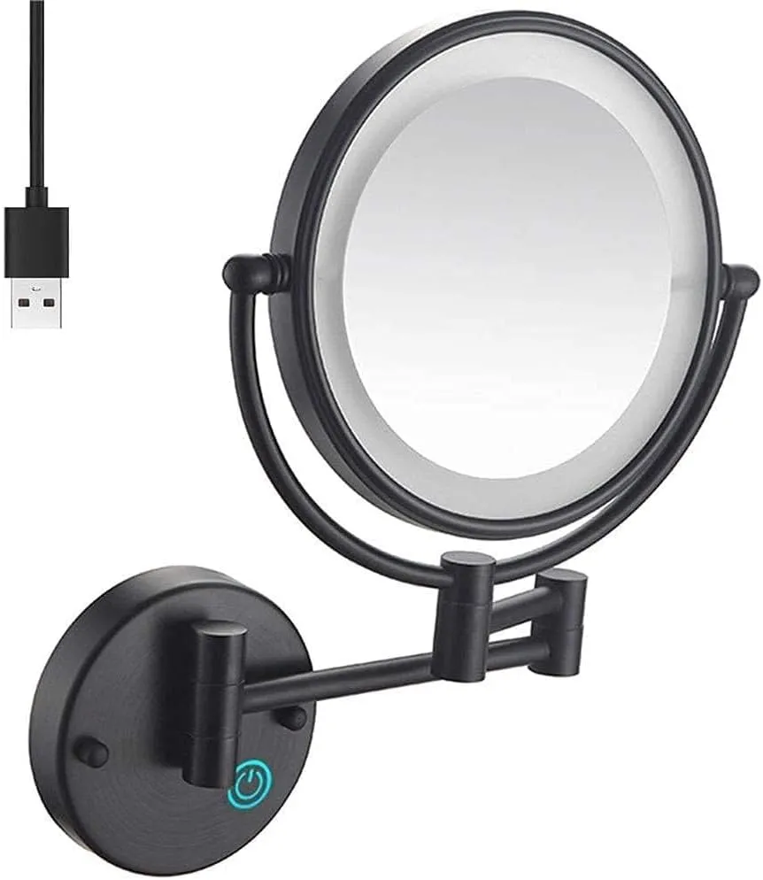 8" Wall Mounted Makeup Mirror with 5X Magnification, Touch Button Adjustable LED Light, 360° Swivel, USB Rechargeable