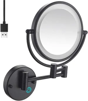 8" Wall Mounted Makeup Mirror with 5X Magnification, Touch Button Adjustable LED Light, 360° Swivel, USB Rechargeable