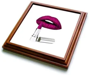 8x8 Trivet with 6x6 Ceramic Tile - Image of Large Fuchsia Lips and Lipstick with Black Polka Dots Lens Art by Florene - Polka Dots