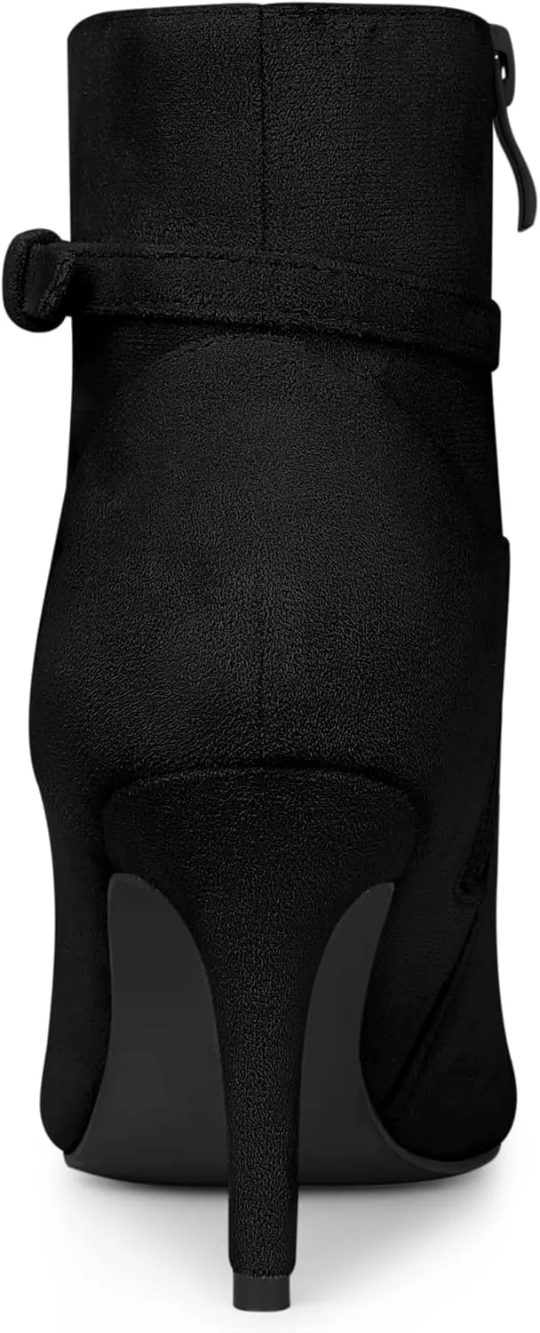 Allegra K Women's Pointy Toe Buckle Cross Straps Stiletto Heel Ankle Boots