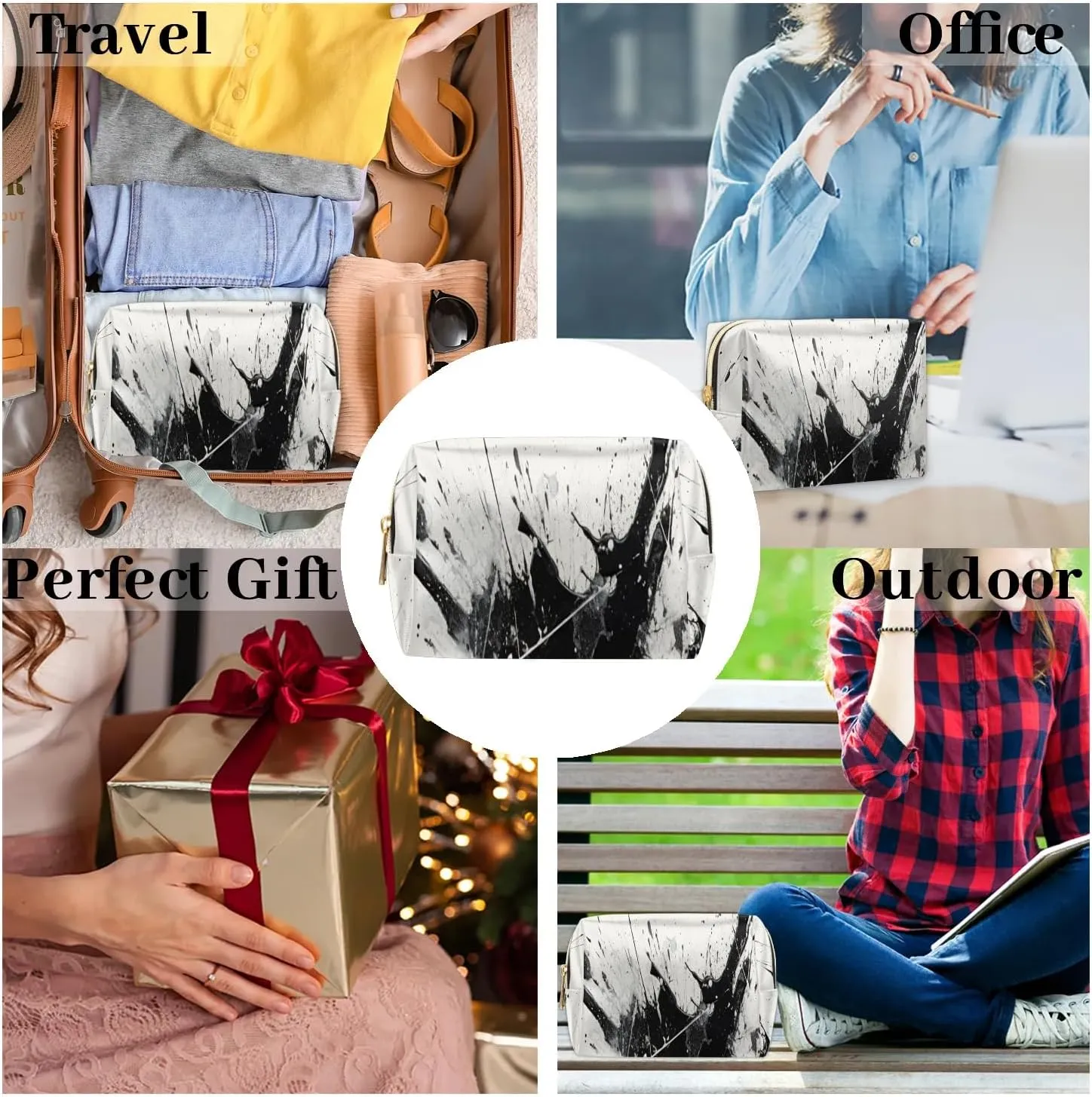 Art Intersting Patterns Travel Makeup Bag for Women, PU Leather Waterproof Checkered Cosmetic Bags Large Make up Bag Zipper Pouch