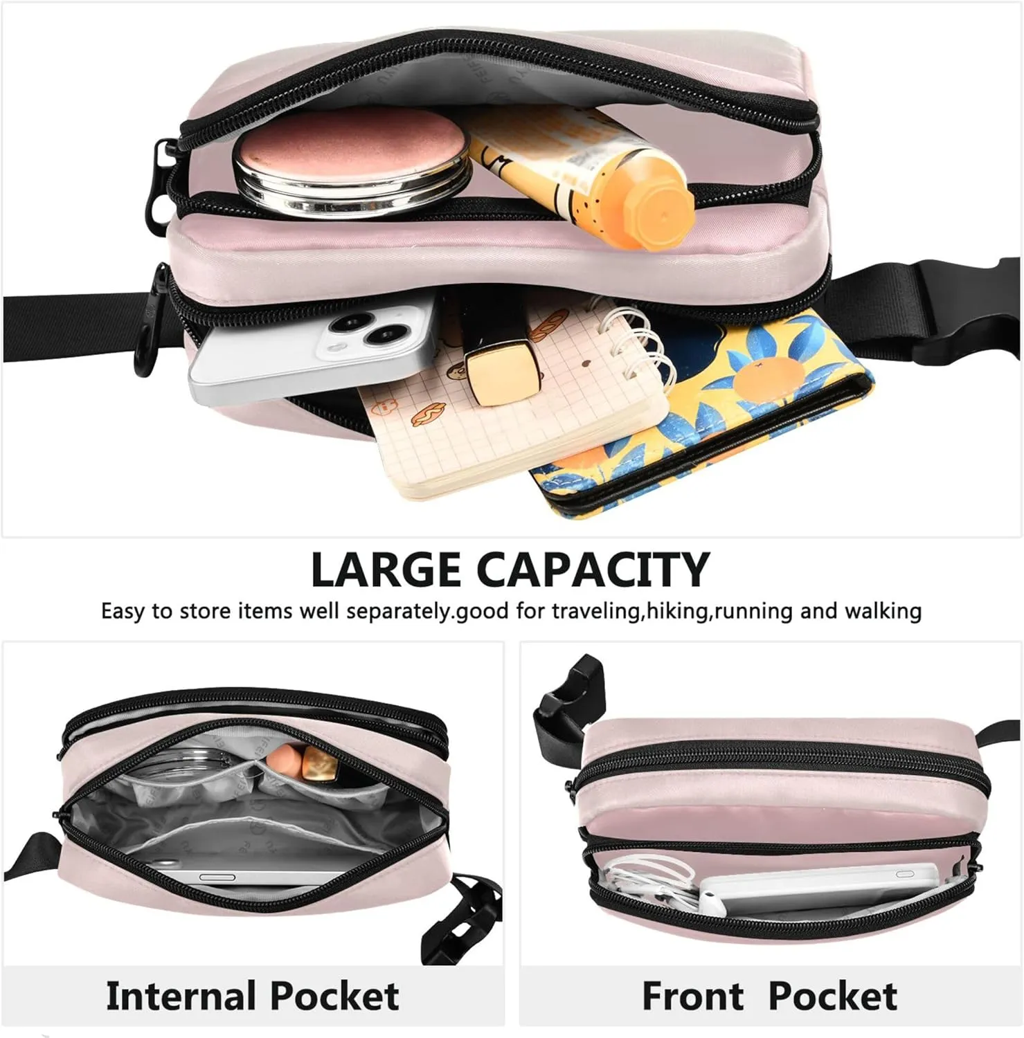 Blush Pink Gradient Fanny Packs for Women Waterproof Belt Bag Hip Pouch Festival Travel Waist Pouch