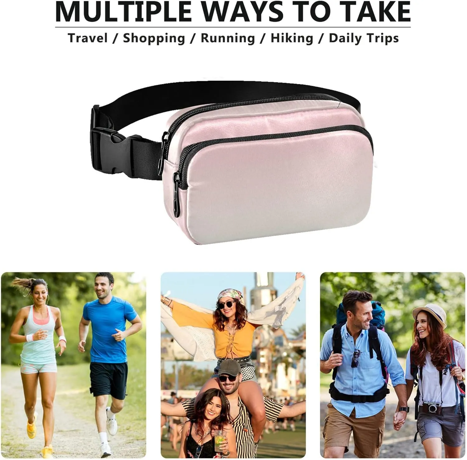 Blush Pink Gradient Fanny Packs for Women Waterproof Belt Bag Hip Pouch Festival Travel Waist Pouch