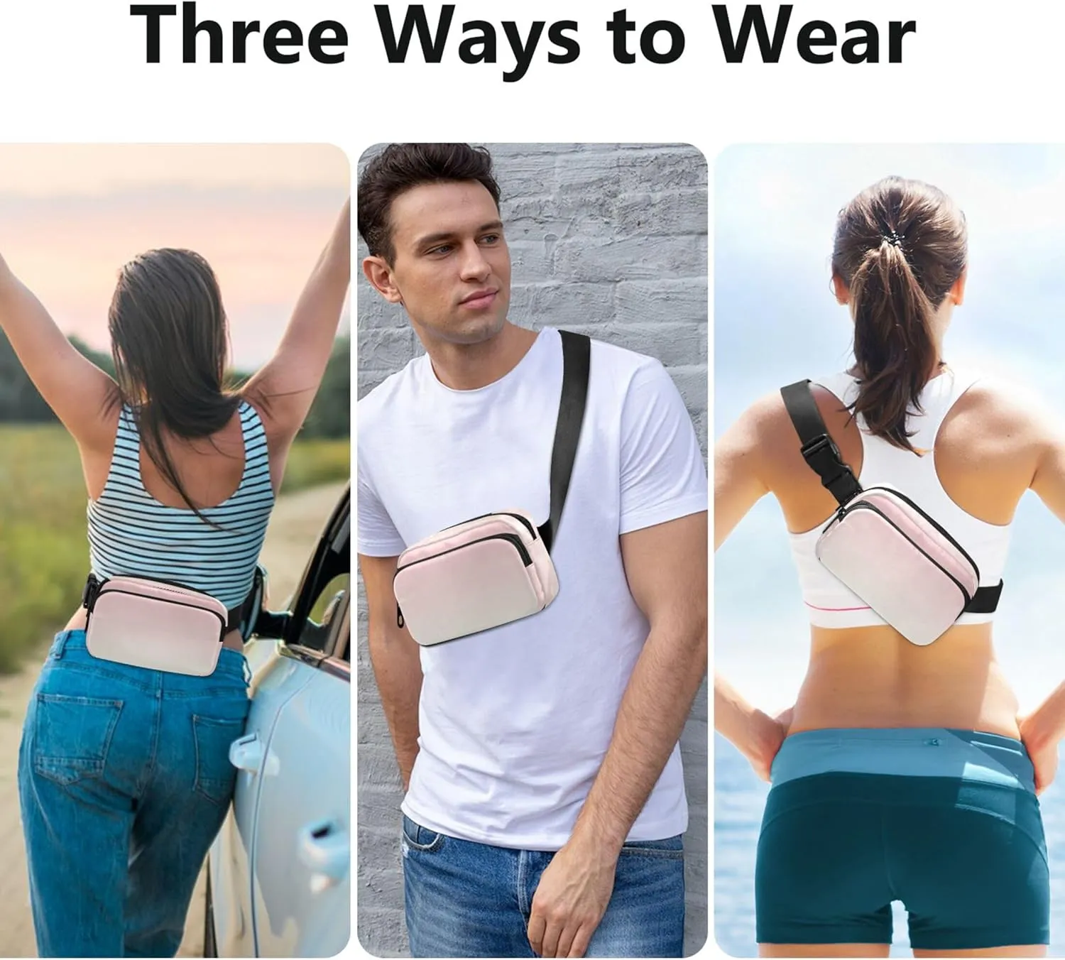 Blush Pink Gradient Fanny Packs for Women Waterproof Belt Bag Hip Pouch Festival Travel Waist Pouch
