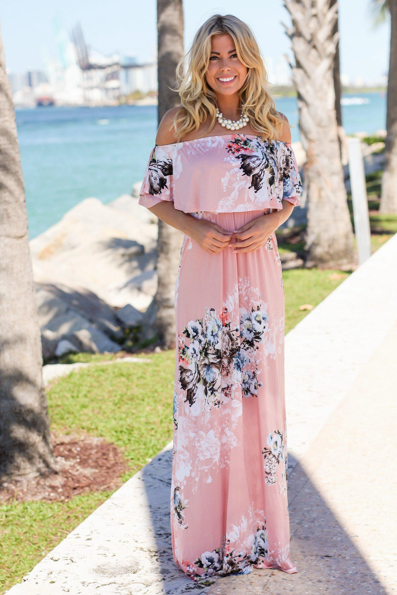 Blush Floral Off Shoulder Maxi Dress
