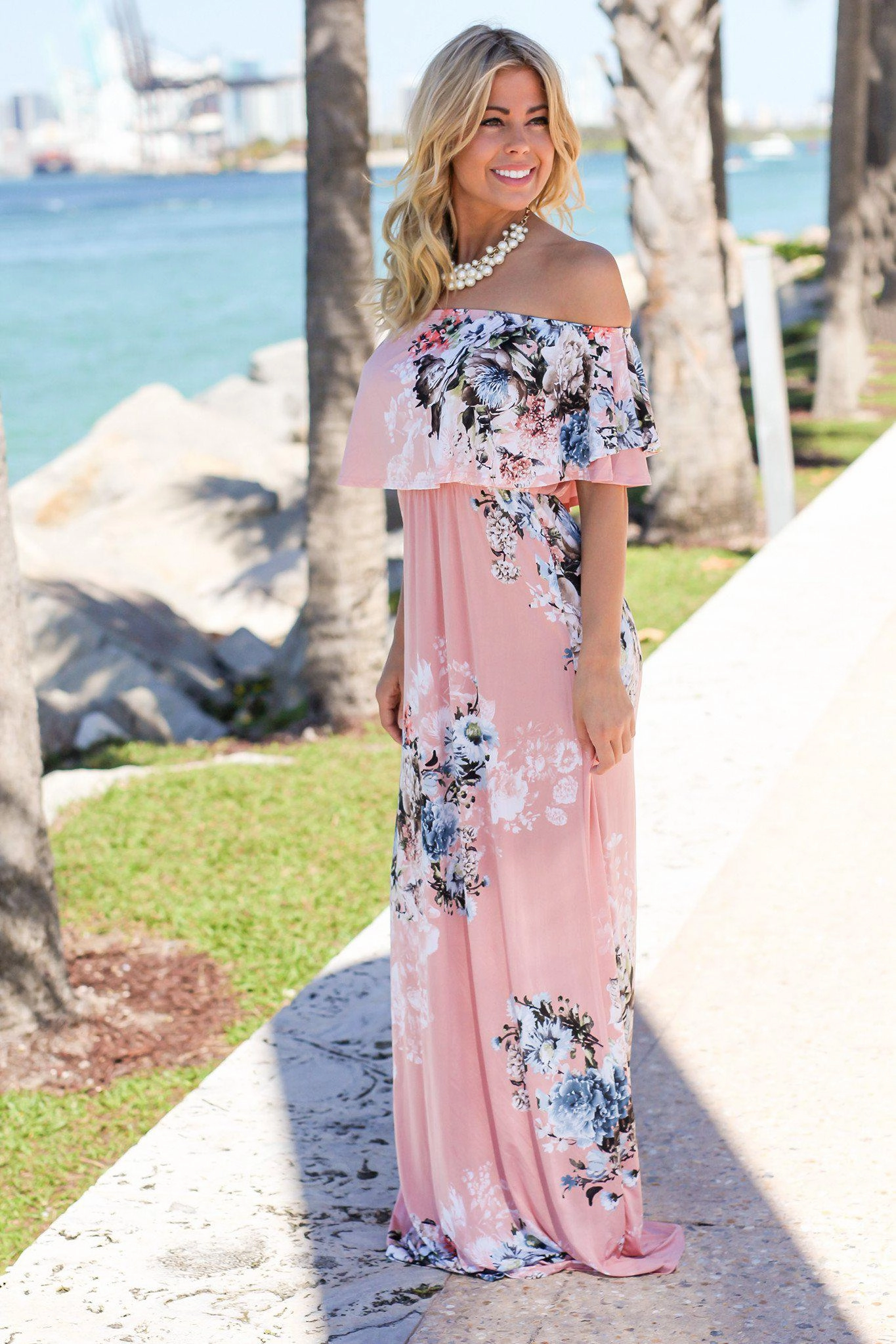 Blush Floral Off Shoulder Maxi Dress