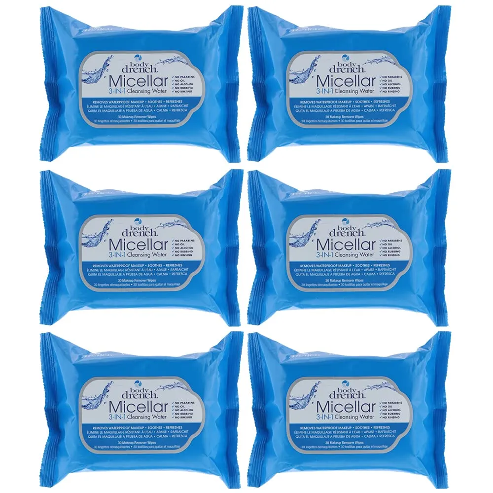 Body Drench 3-in-1 Micellar Water Makeup Remover Wipes – Removes Waterproof Makeup, Facial Cleanser, 30 Ct. (6 Pack)