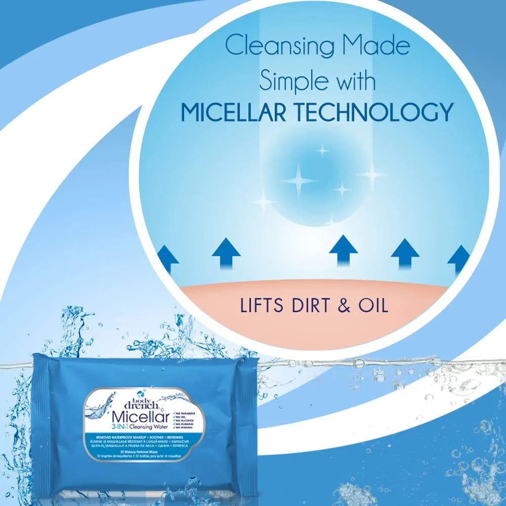 Body Drench 3-in-1 Micellar Water Makeup Remover Wipes – Removes Waterproof Makeup, Facial Cleanser, 30 Ct. (6 Pack)