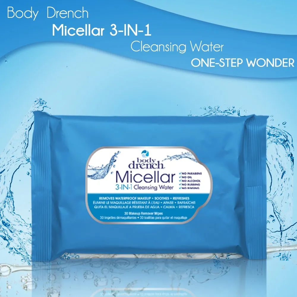 Body Drench 3-in-1 Micellar Water Makeup Remover Wipes – Removes Waterproof Makeup, Facial Cleanser, 30 Ct. (6 Pack)