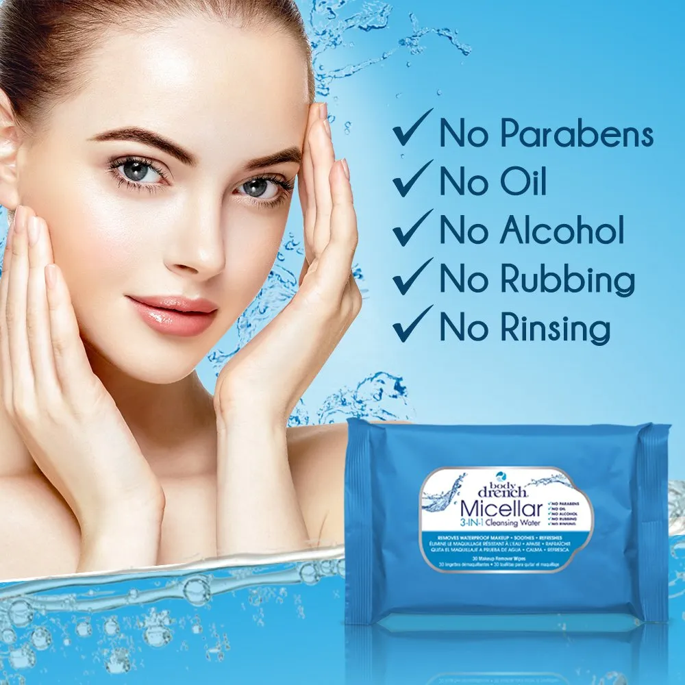 Body Drench 3-in-1 Micellar Water Makeup Remover Wipes – Removes Waterproof Makeup, Facial Cleanser, 30 Ct. (6 Pack)