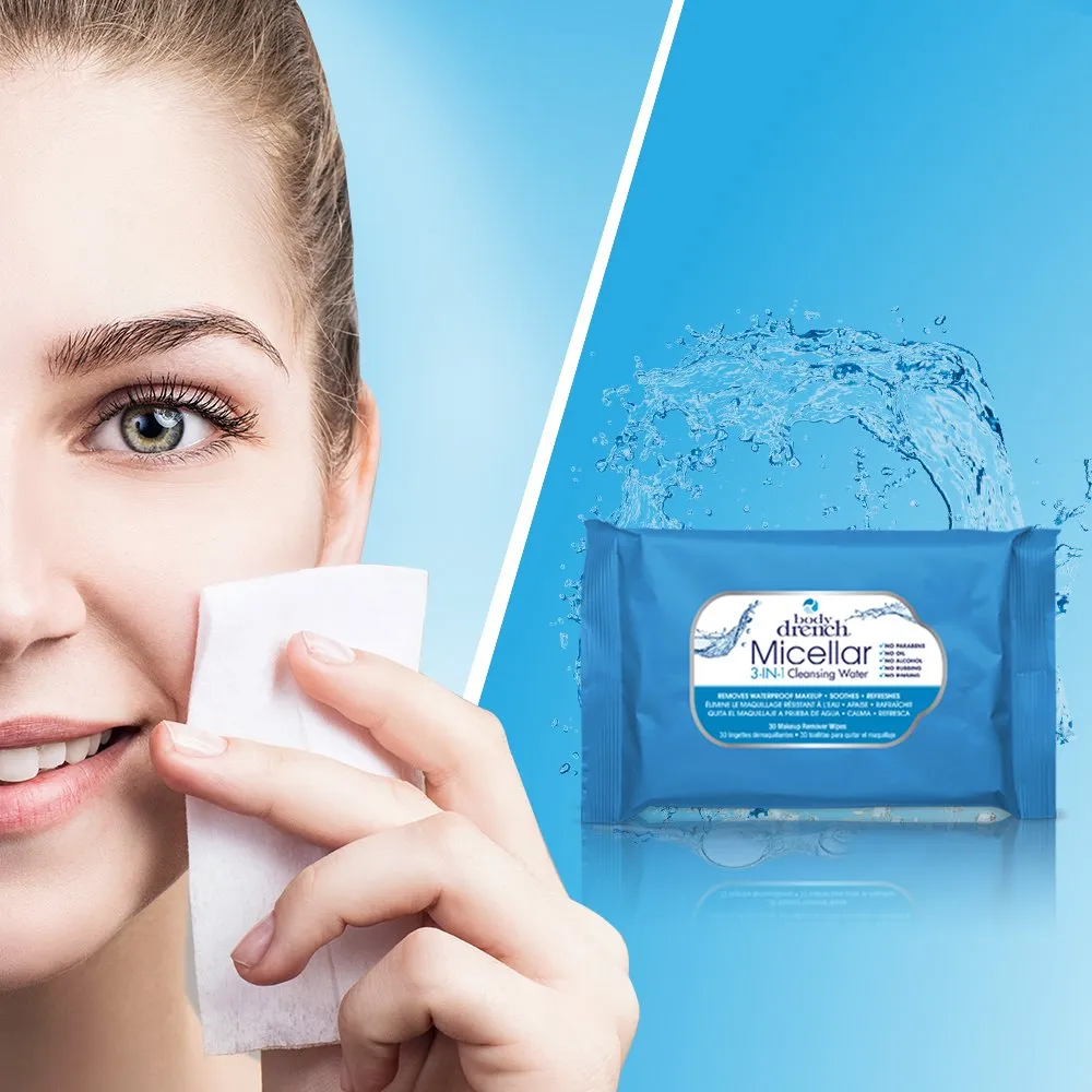 Body Drench 3-in-1 Micellar Water Makeup Remover Wipes – Removes Waterproof Makeup, Facial Cleanser, 30 Ct. (6 Pack)