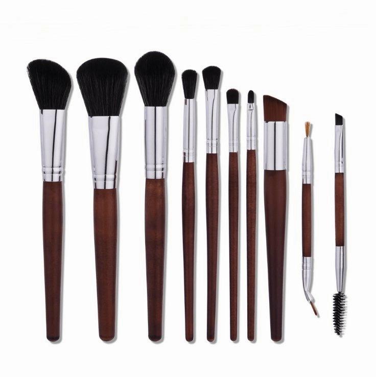 Brown Wood Makeup Brush Set - 10 Pcs