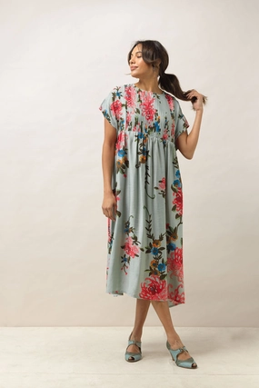 Chrysanthemum Aqua Pleat Dress