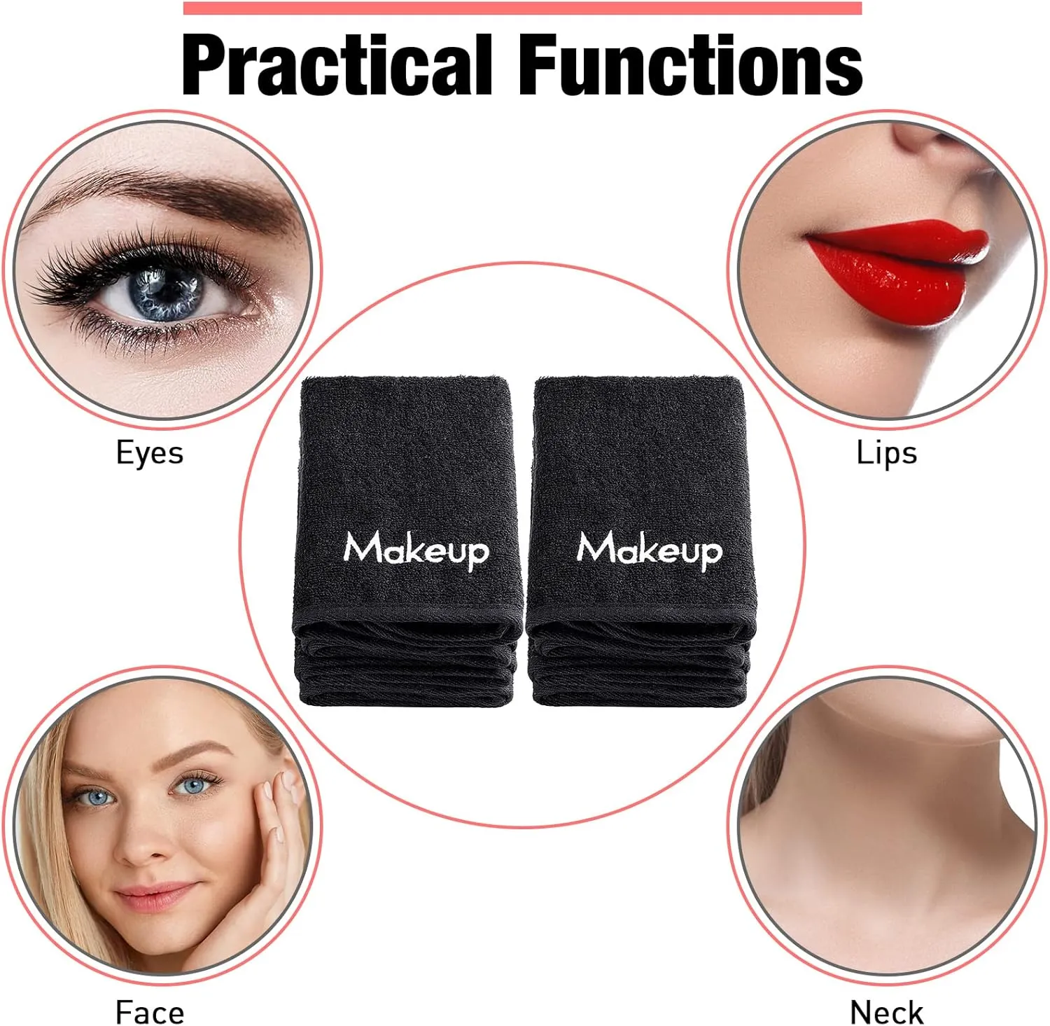 Chumia 72 Pcs Makeup Remover Cloths 13 x 13 Inch Makeup Towel Face Washcloths with Embroidery Black Reusable Washcloths Soft Cleansing Face Towel for Women