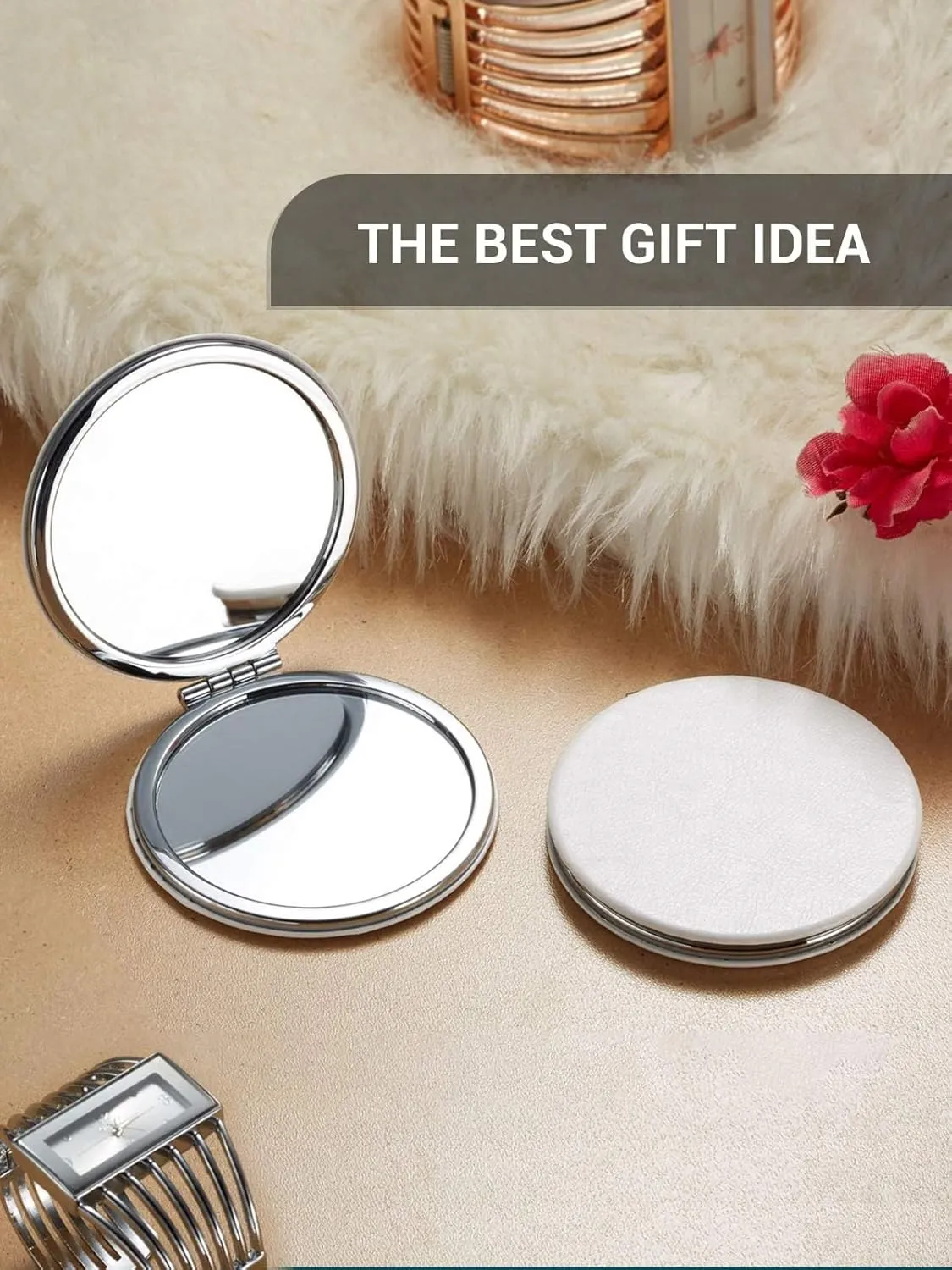Compact Mirror Bulk, Set of 12 Round Double-Sided 1X/3X Magnification PU Leather (White, 2.8")