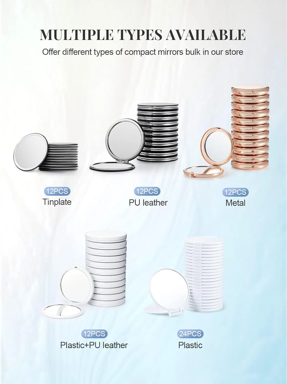 Compact Mirror Bulk, Set of 12 Round Double-Sided 1X/3X Magnification PU Leather (White, 2.8")