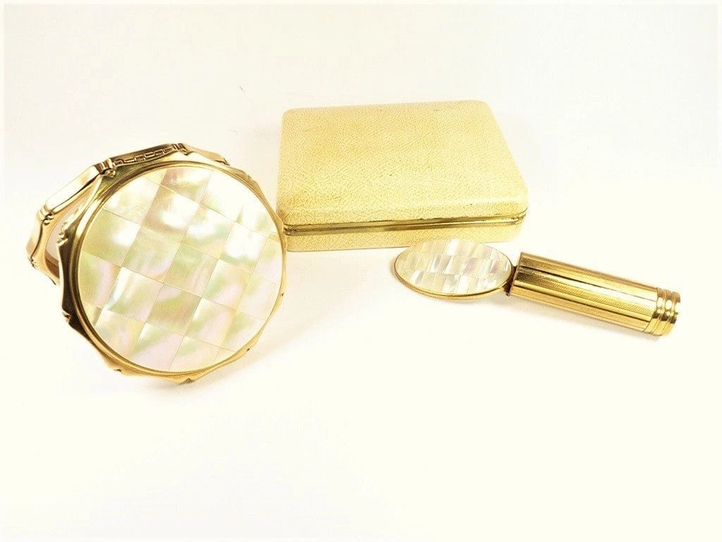 Compact And Lipstick Case Set Mother Of Pearl 1960s