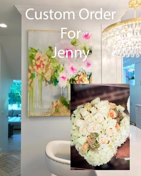Custom floral abstract painting blush, white, peach 36" x 36" Canvas with gold leaf and epoxy resin