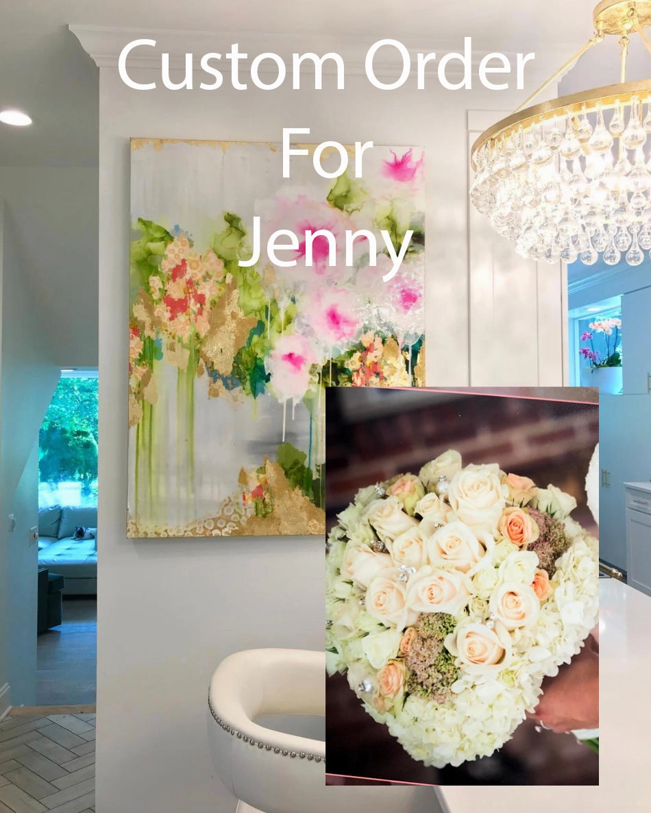 Custom floral abstract painting blush, white, peach 36" x 36" Canvas with gold leaf and epoxy resin