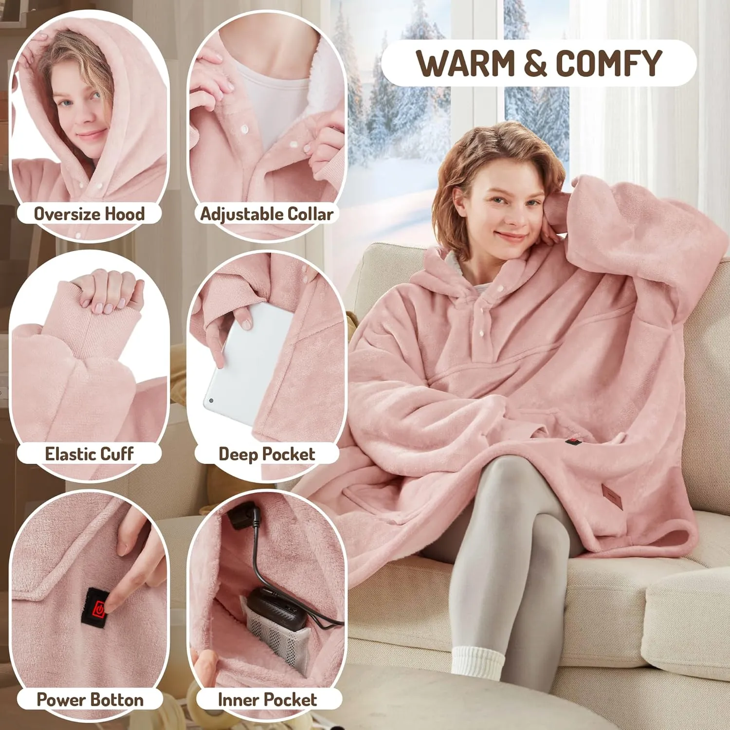 Degrees of Comfort Pink Heated Wearable Blanket, Cordless Heating Hoodie for Women, Blush