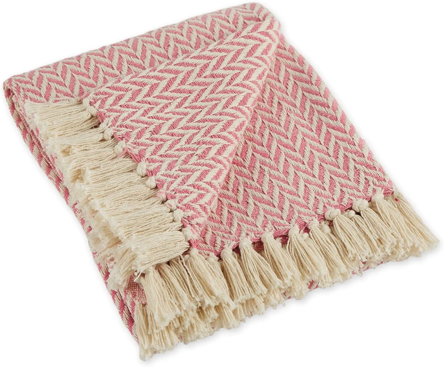 DII Modern Zig Zag Throw Blanket Woven Cotton, Hand-Knotted 2.5" Fringe, 50x60, Blush Pink