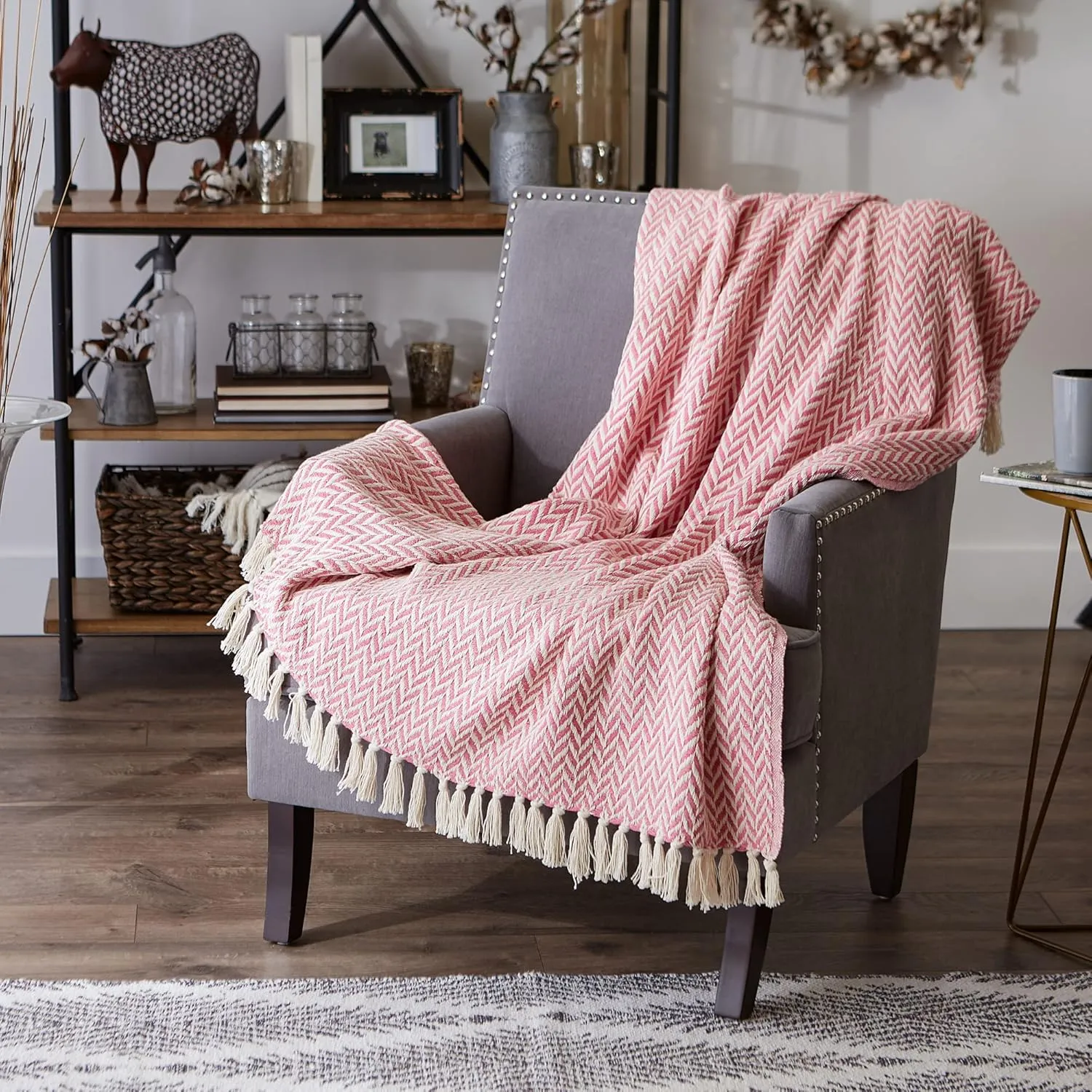 DII Modern Zig Zag Throw Blanket Woven Cotton, Hand-Knotted 2.5" Fringe, 50x60, Blush Pink