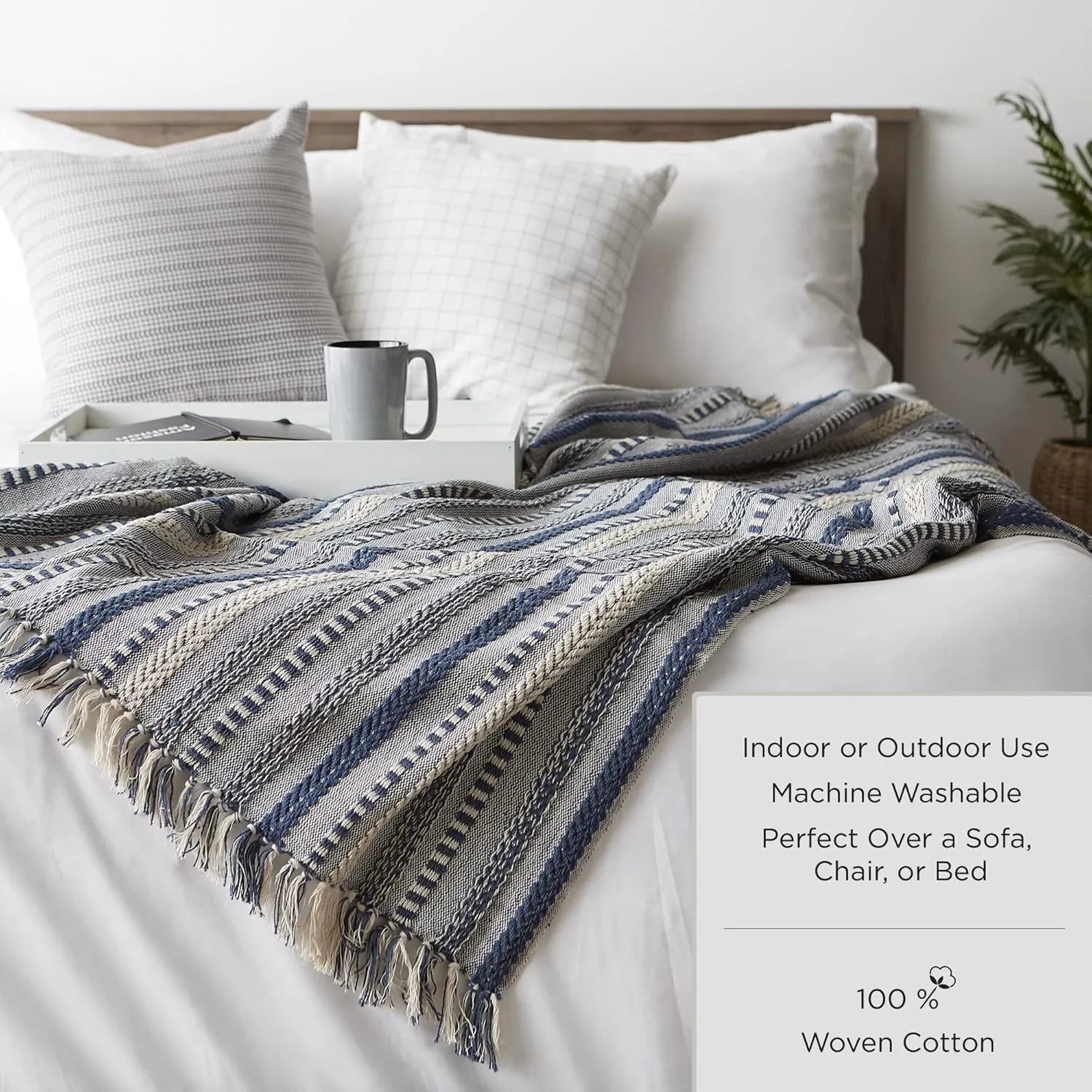 DII Modern Zig Zag Throw Blanket Woven Cotton, Hand-Knotted 2.5" Fringe, 50x60, Blush Pink