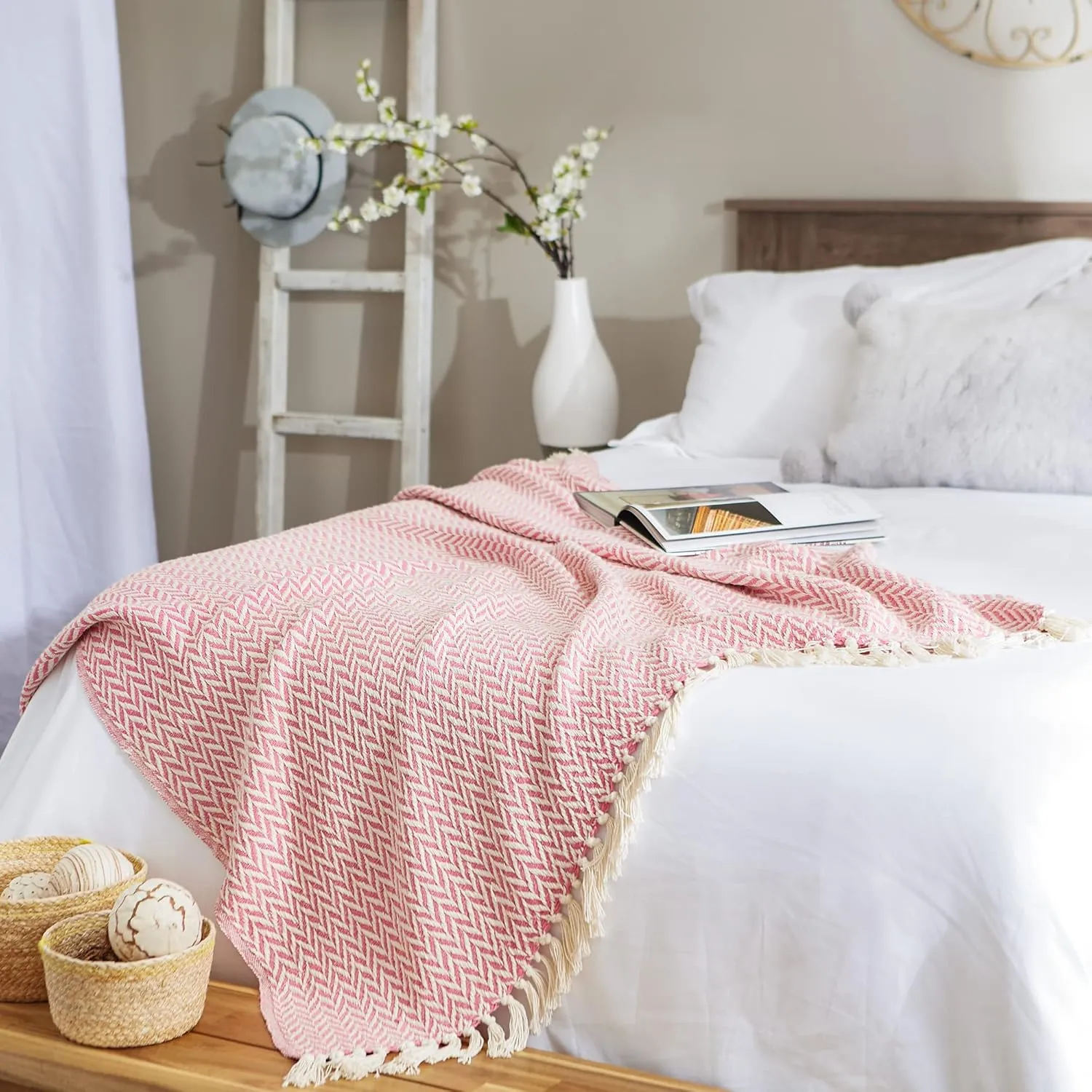 DII Modern Zig Zag Throw Blanket Woven Cotton, Hand-Knotted 2.5" Fringe, 50x60, Blush Pink