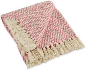 DII Modern Zig Zag Throw Blanket Woven Cotton, Hand-Knotted 2.5" Fringe, 50x60, Blush Pink
