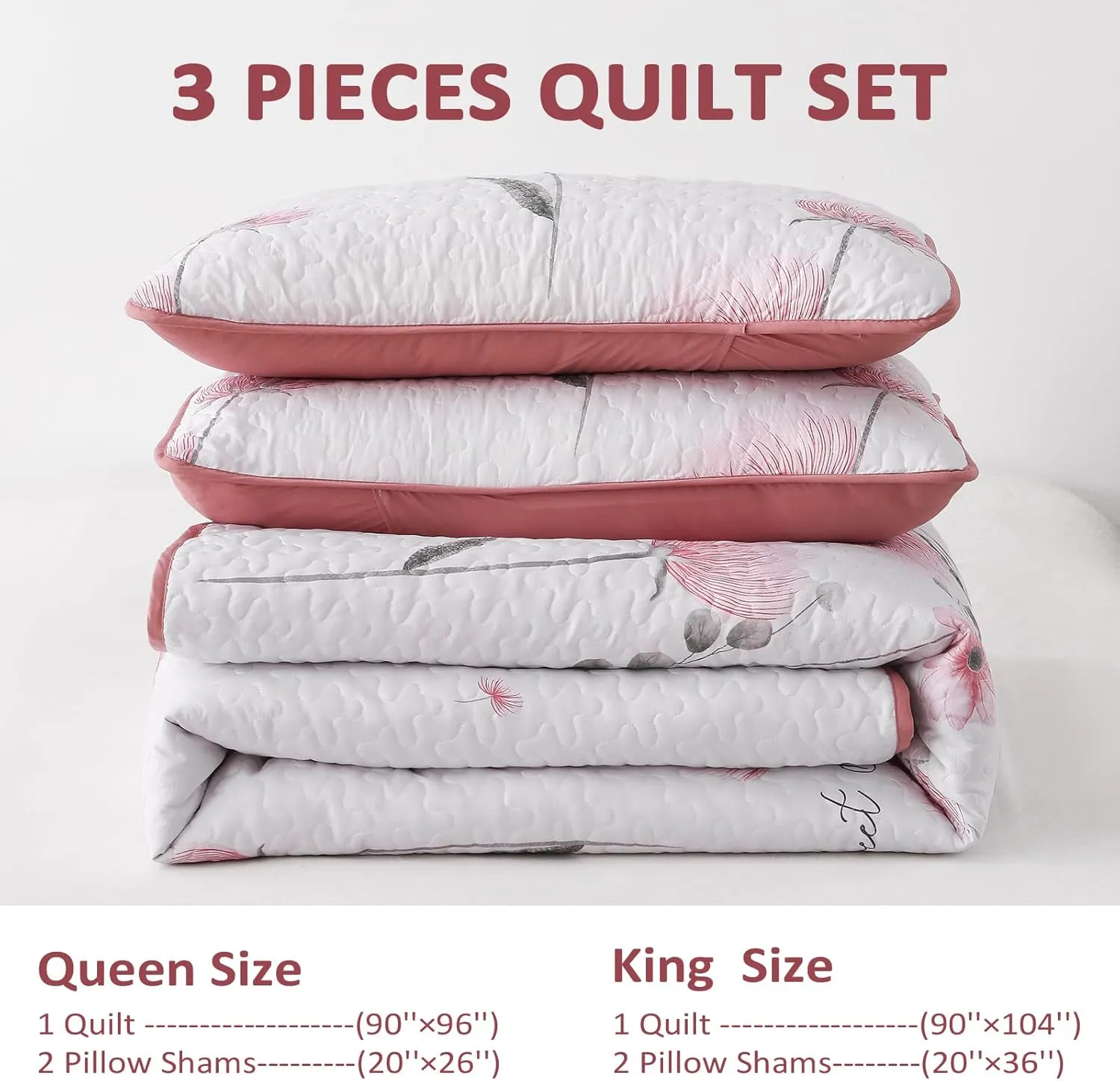 Dinjoy Floral Quilt Set Queen,Pink Bedspread Full/Queen Size 3 Pieces Lightweight Farmhouse Bedding Set Cute Quilts Soft Flower Bedspreads White Coverlet Sets for Girls Women Spring