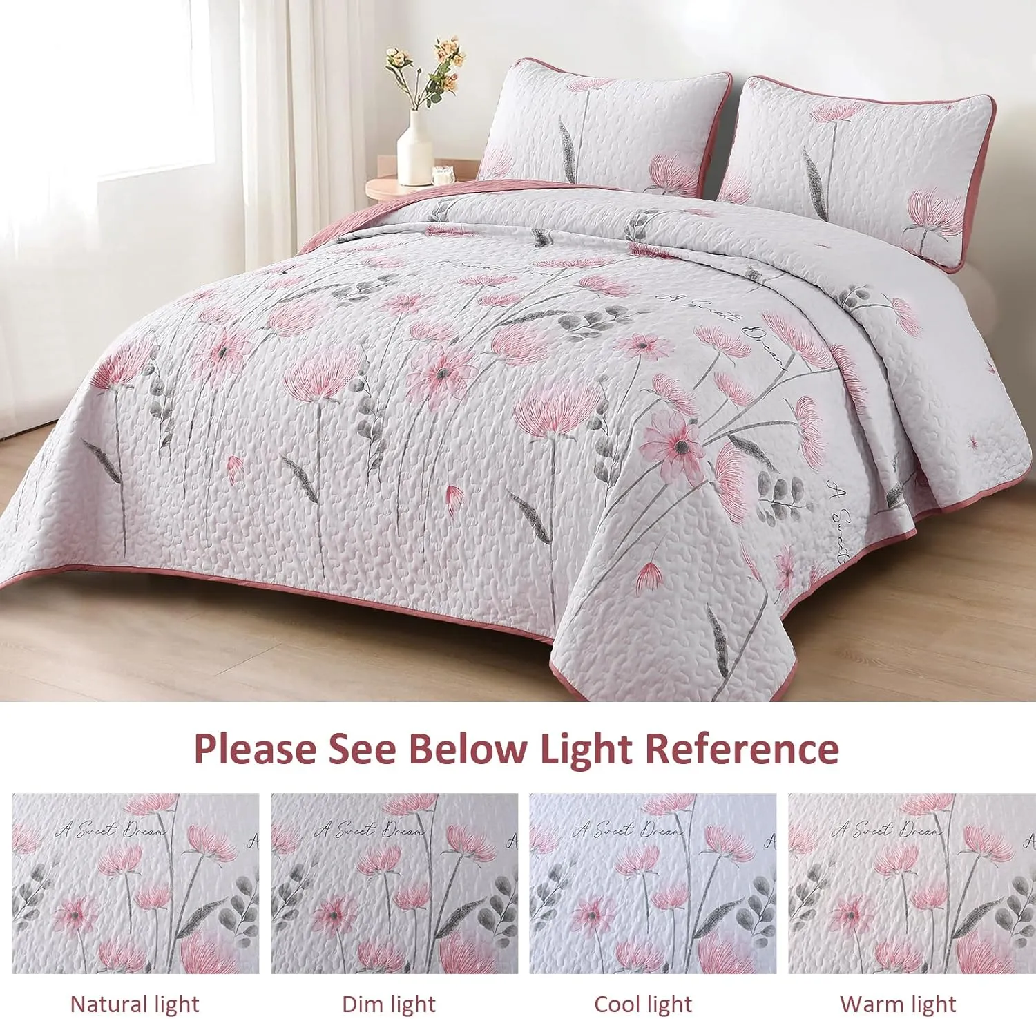 Dinjoy Floral Quilt Set Queen,Pink Bedspread Full/Queen Size 3 Pieces Lightweight Farmhouse Bedding Set Cute Quilts Soft Flower Bedspreads White Coverlet Sets for Girls Women Spring