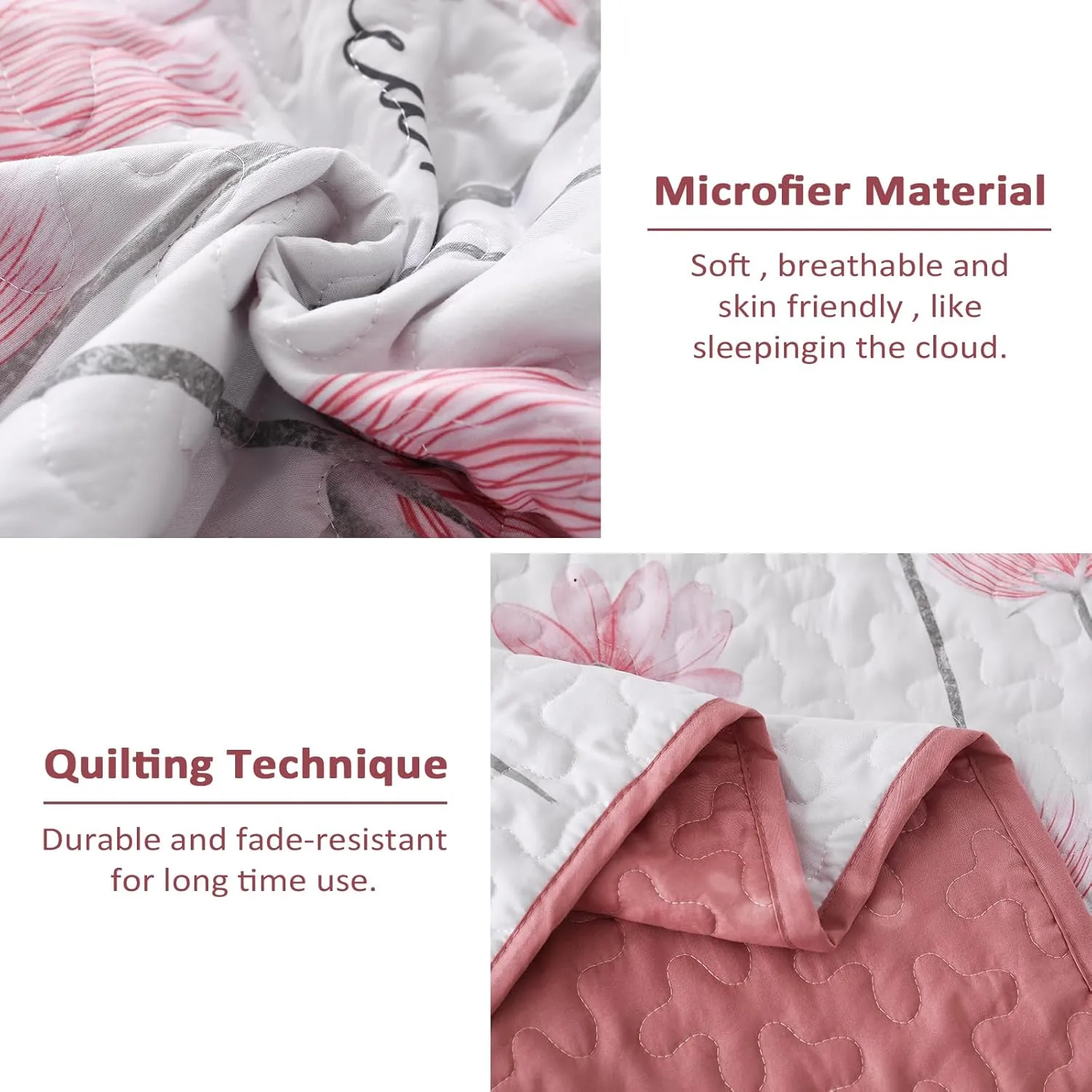 Dinjoy Floral Quilt Set Queen,Pink Bedspread Full/Queen Size 3 Pieces Lightweight Farmhouse Bedding Set Cute Quilts Soft Flower Bedspreads White Coverlet Sets for Girls Women Spring