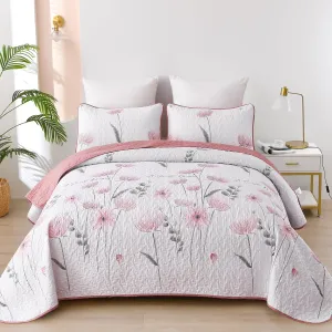 Dinjoy Floral Quilt Set Queen,Pink Bedspread Full/Queen Size 3 Pieces Lightweight Farmhouse Bedding Set Cute Quilts Soft Flower Bedspreads White Coverlet Sets for Girls Women Spring